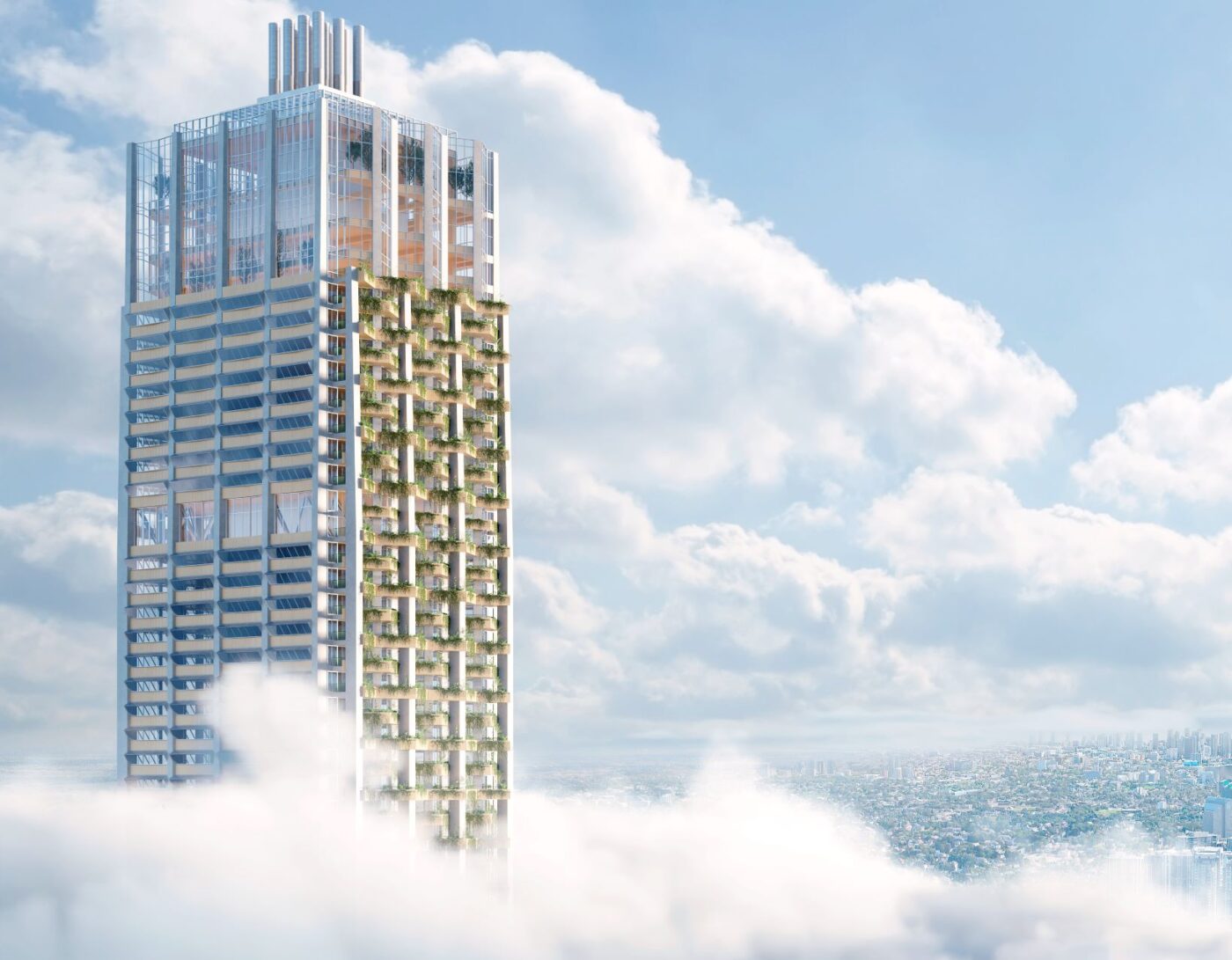 A mass timber high-rise towers above the clouds.